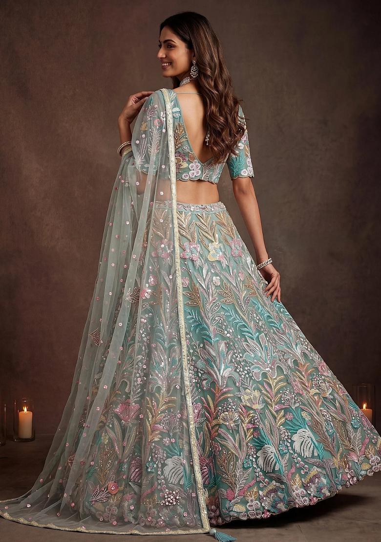 Green Floral Print Net Lehenga Set - Indya