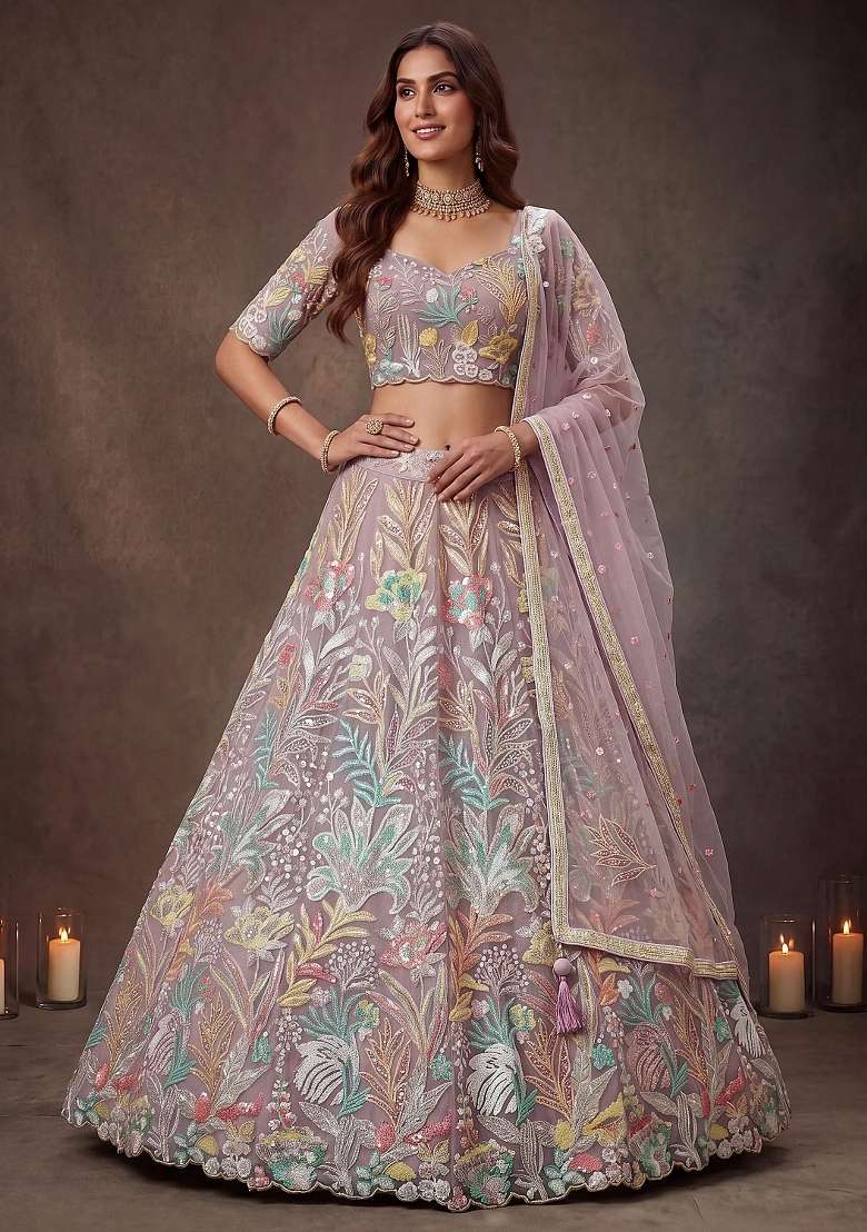 Lavender Floral Print Net Lehenga Set for Diwali and Festive Wear - Indya