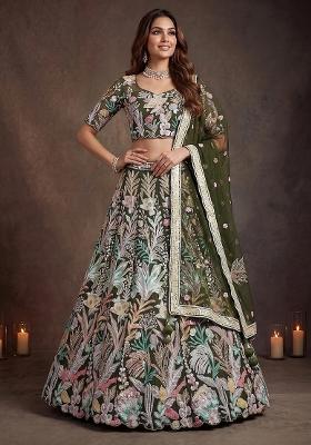 Green Floral Print Net Lehenga Set