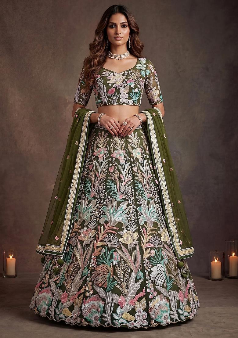 Green Floral Print Net Lehenga Set - Indya