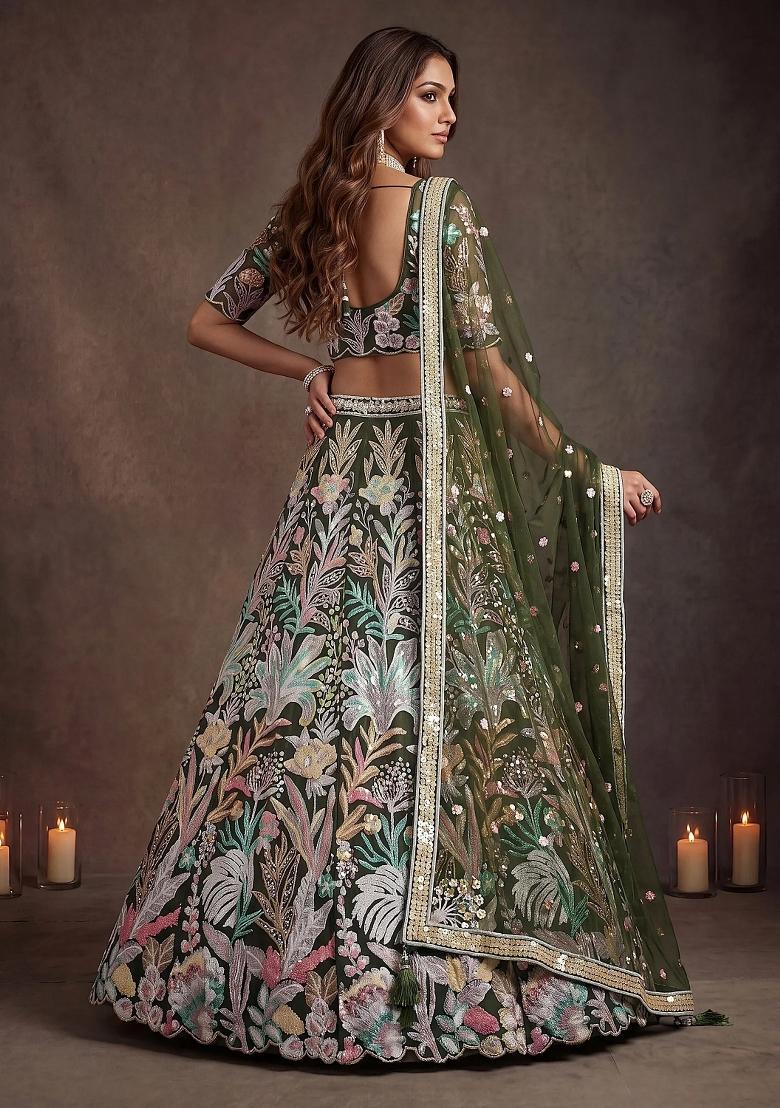 Green Floral Print Net Lehenga Set - Indya