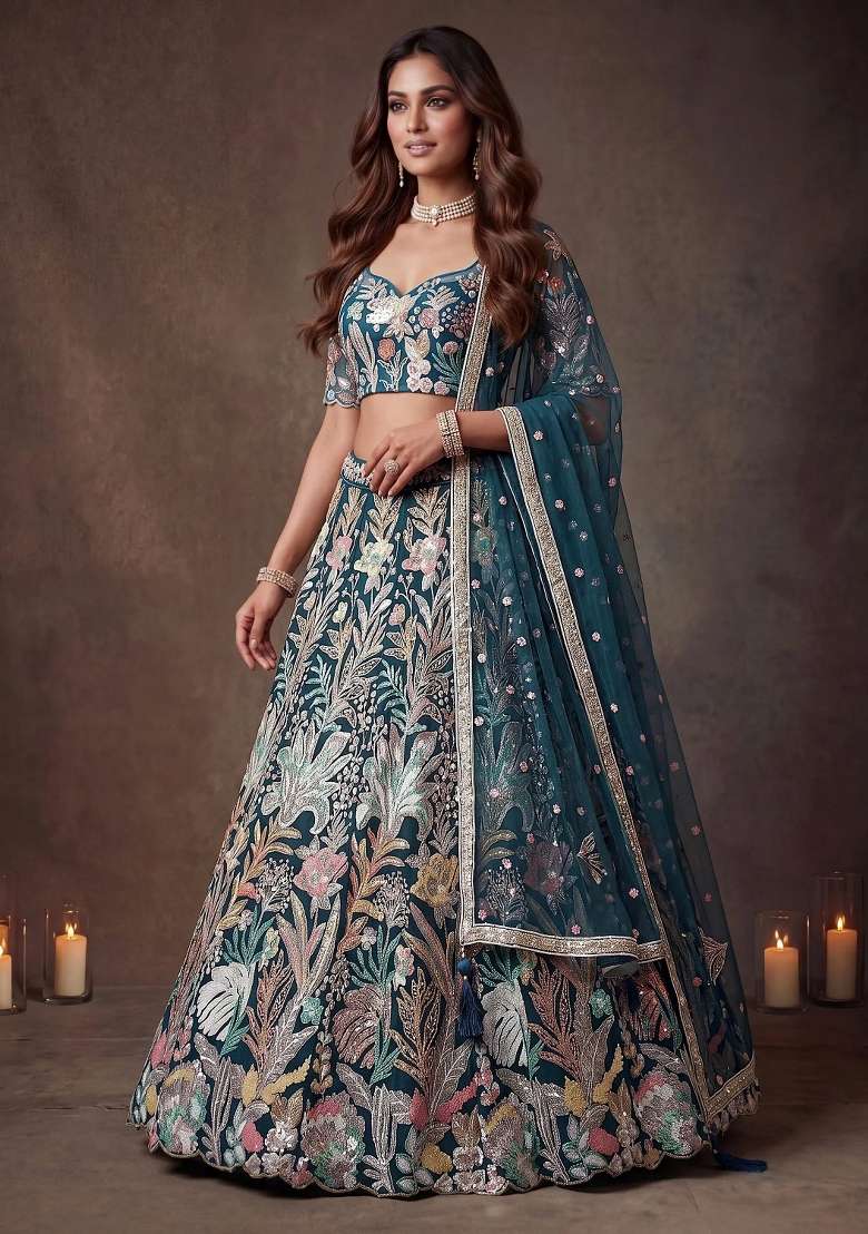 Blue Net Lehenga Set with Floral Print for Diwali | Wedding & Festive Wear - Indya