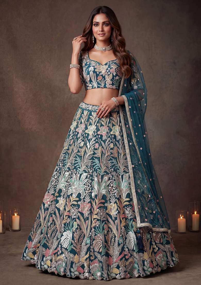 Blue Net Lehenga Set with Floral Print for Diwali | Wedding & Festive Wear - Indya