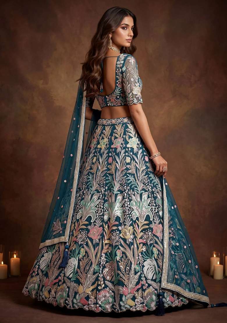 Blue Net Lehenga Set with Floral Print for Diwali | Wedding & Festive Wear - Indya