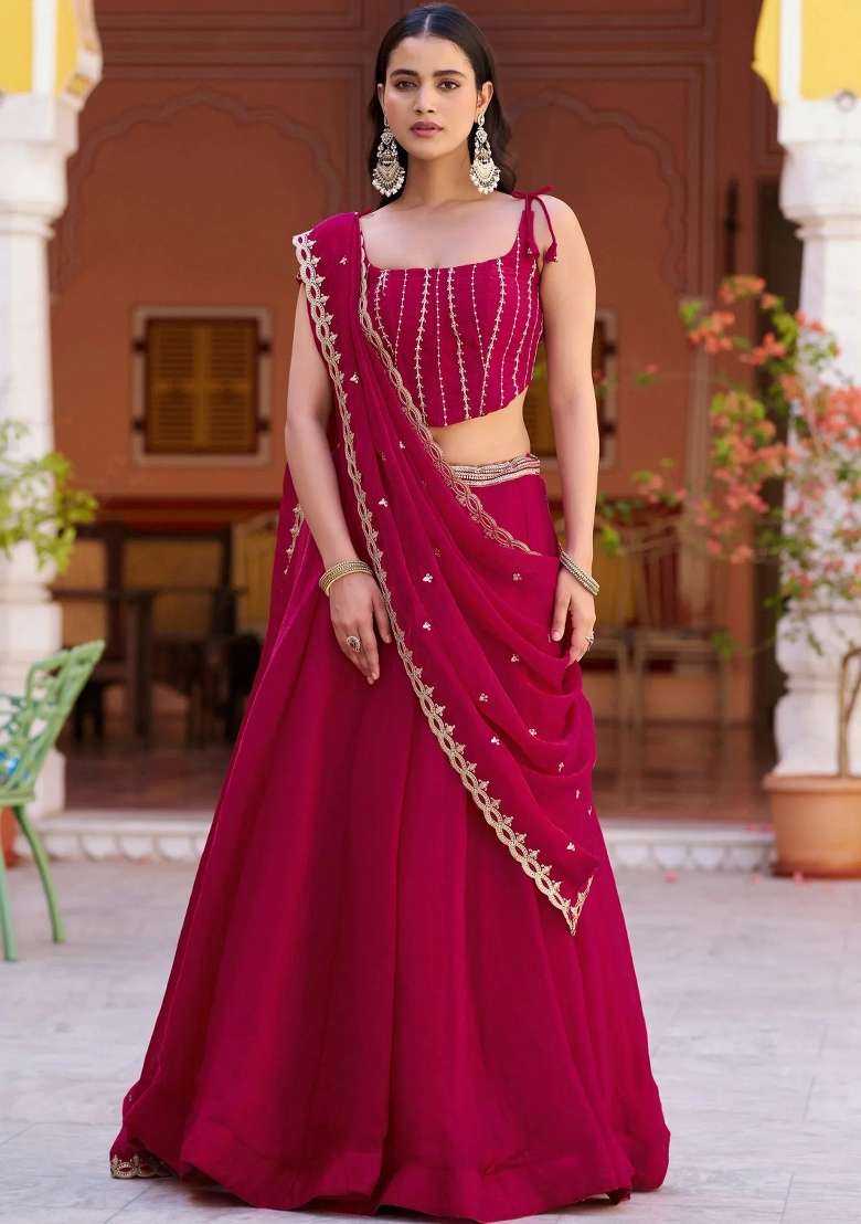 Pink Embroidered Silk Lehenga Set - Indya
