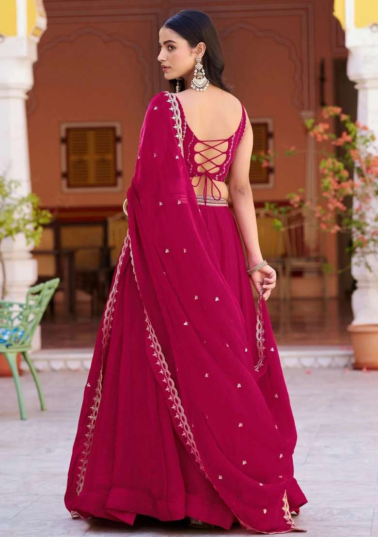 Pink Embroidered Silk Lehenga Set - Indya
