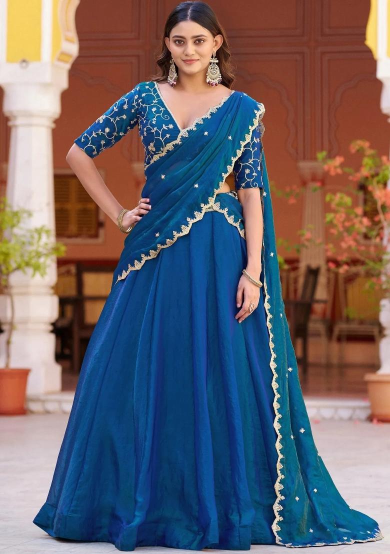 Blue Floral Print Silk Lehenga Set - Indya