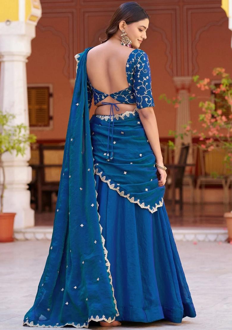 Blue Floral Print Silk Lehenga Set - Indya