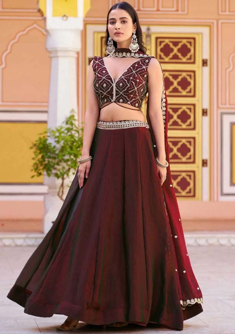 Brown Embroidered Silk Lehenga Set - Indya