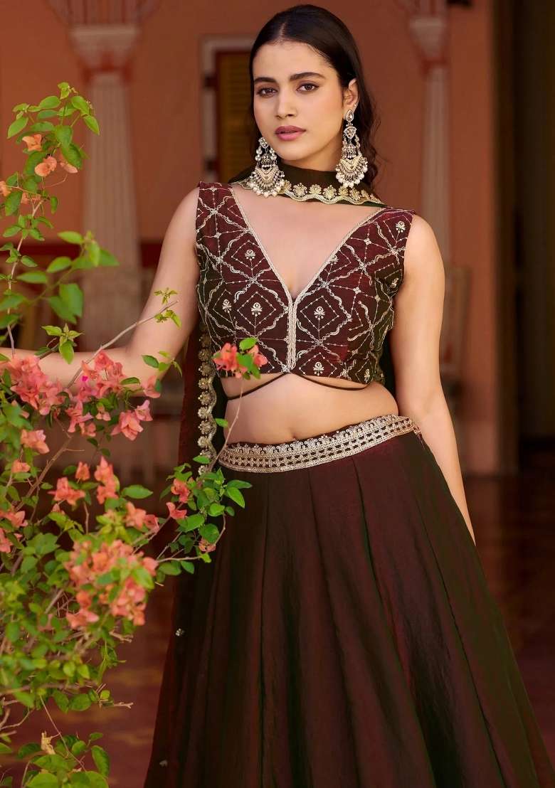 Brown Embroidered Silk Lehenga Set - Indya