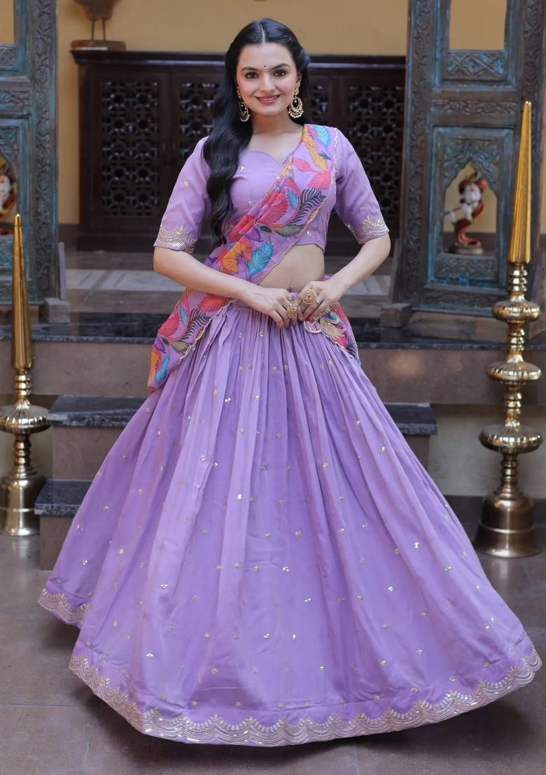 Purple Zari Work Silk Lehenga Set - Indya