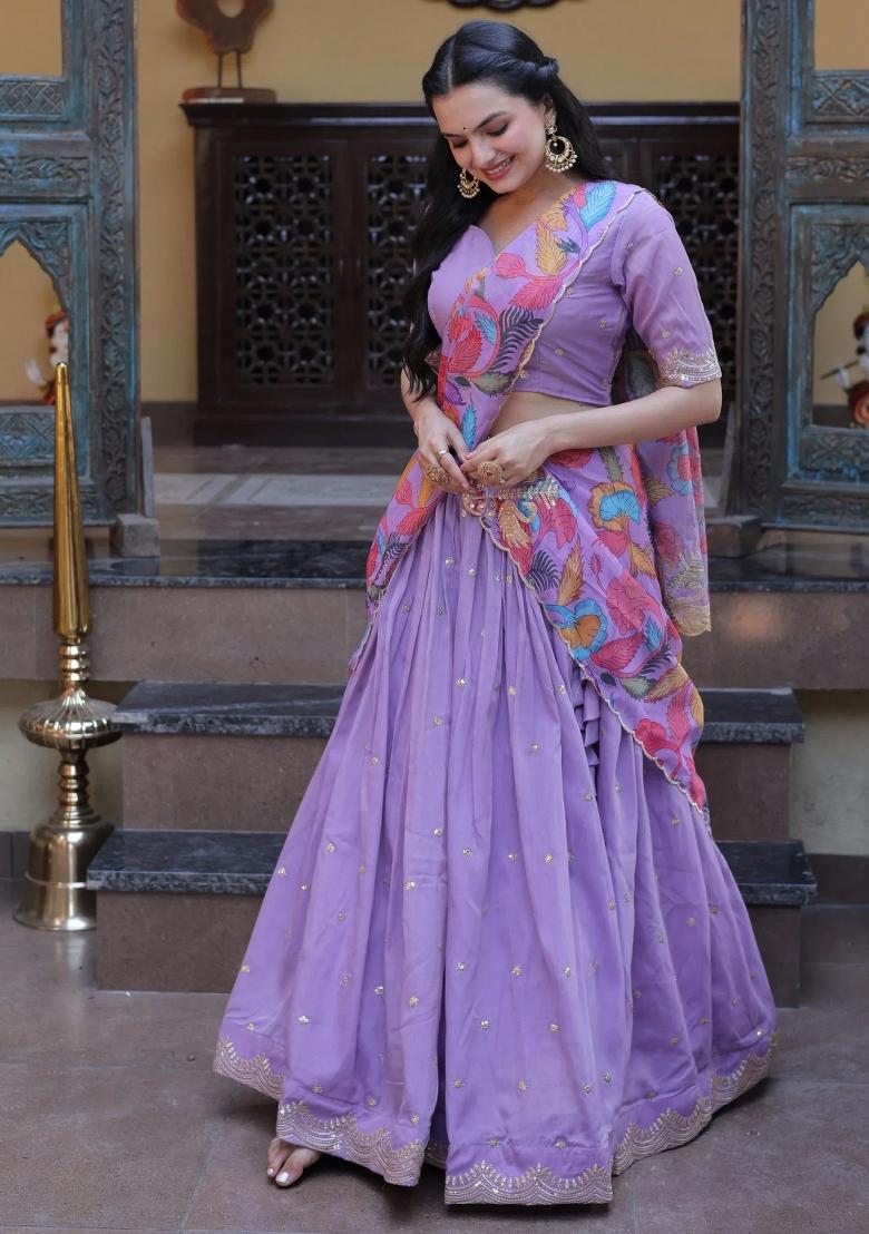 Purple Zari Work Silk Lehenga Set - Indya