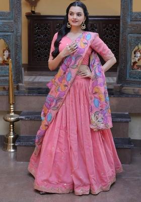 Peach Zari Work Silk Lehenga Set