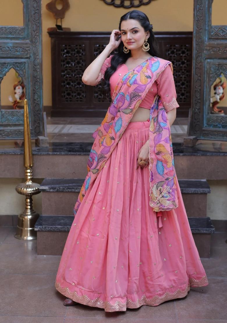 Peach Zari Work Silk Lehenga Set - Indya