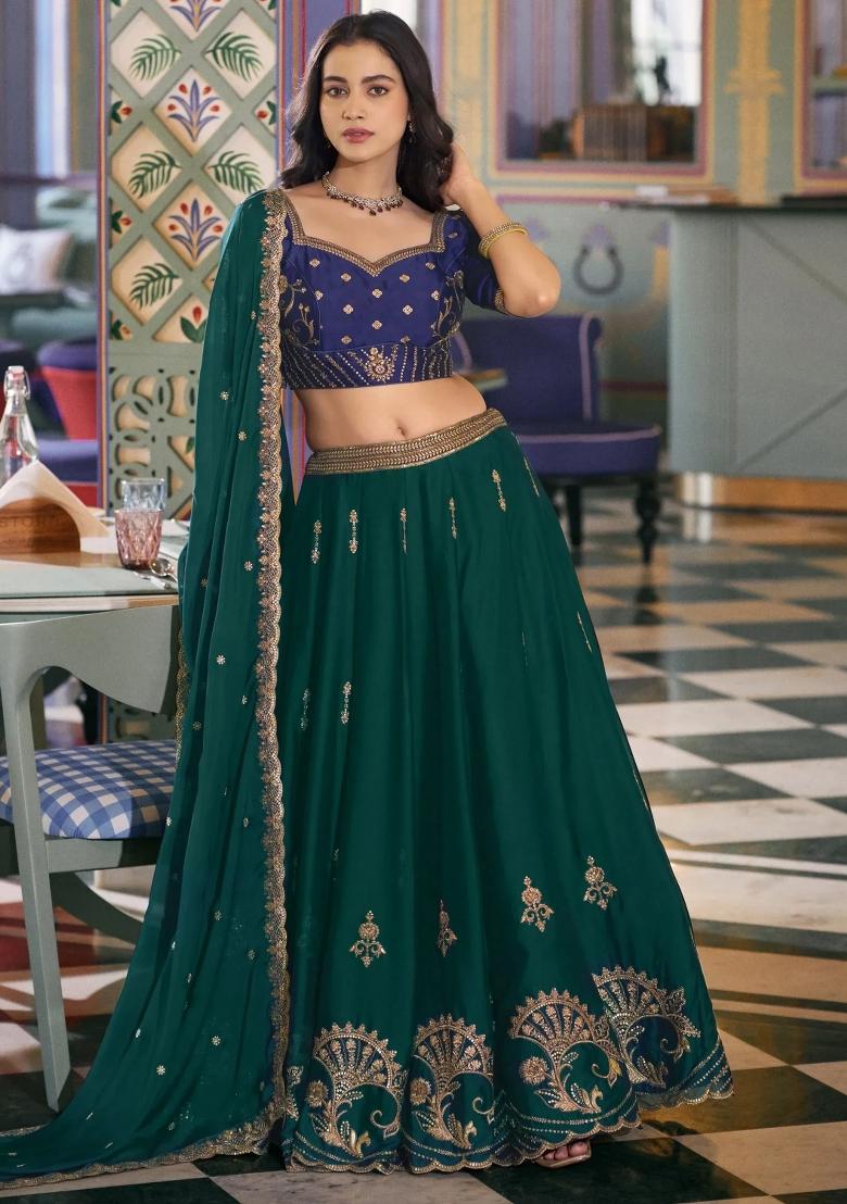 Green Embroidered Silk Lehenga Set - Indya
