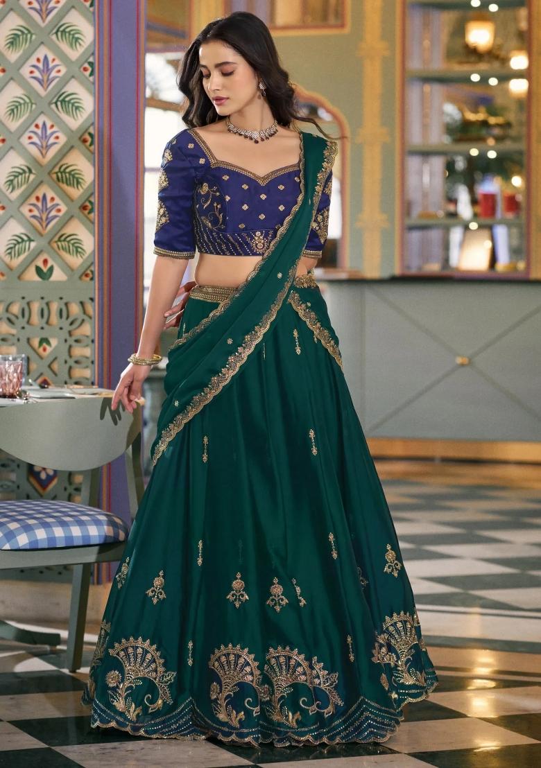 Green Embroidered Silk Lehenga Set - Indya