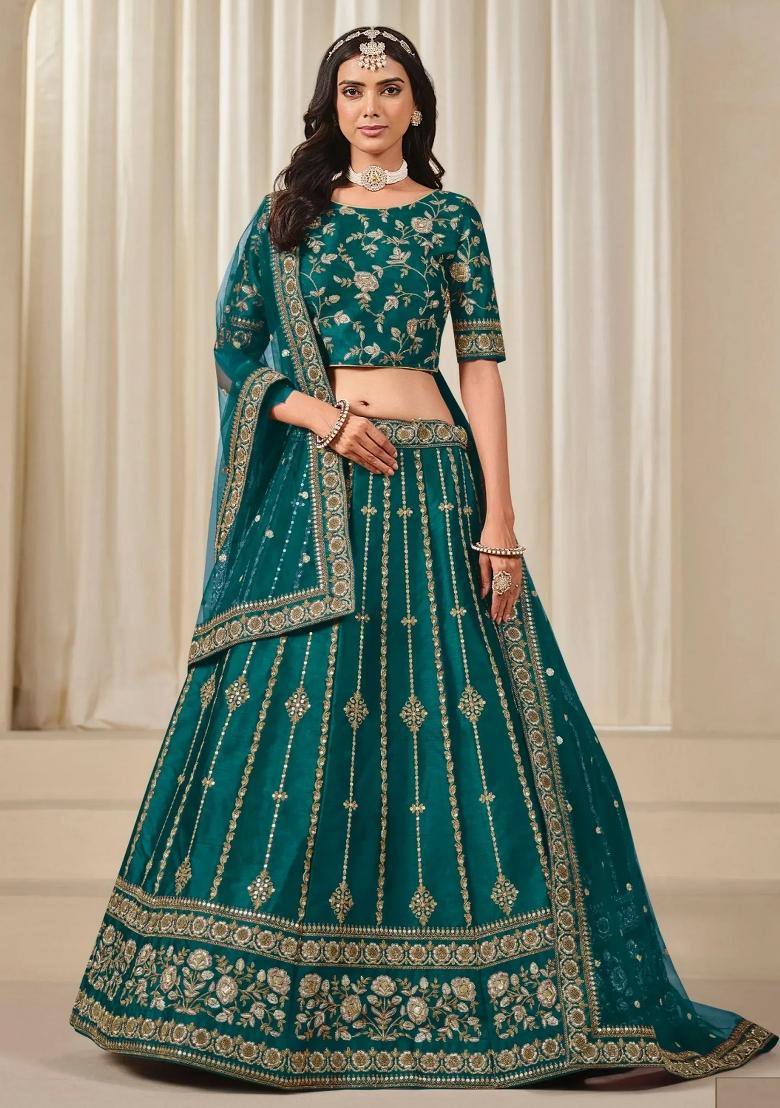 Green Zari Work Silk Lehenga Set - Indya