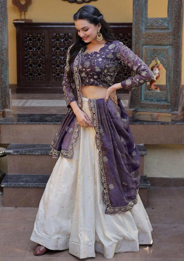 Purple Zari Work Silk Lehenga Set - Indya