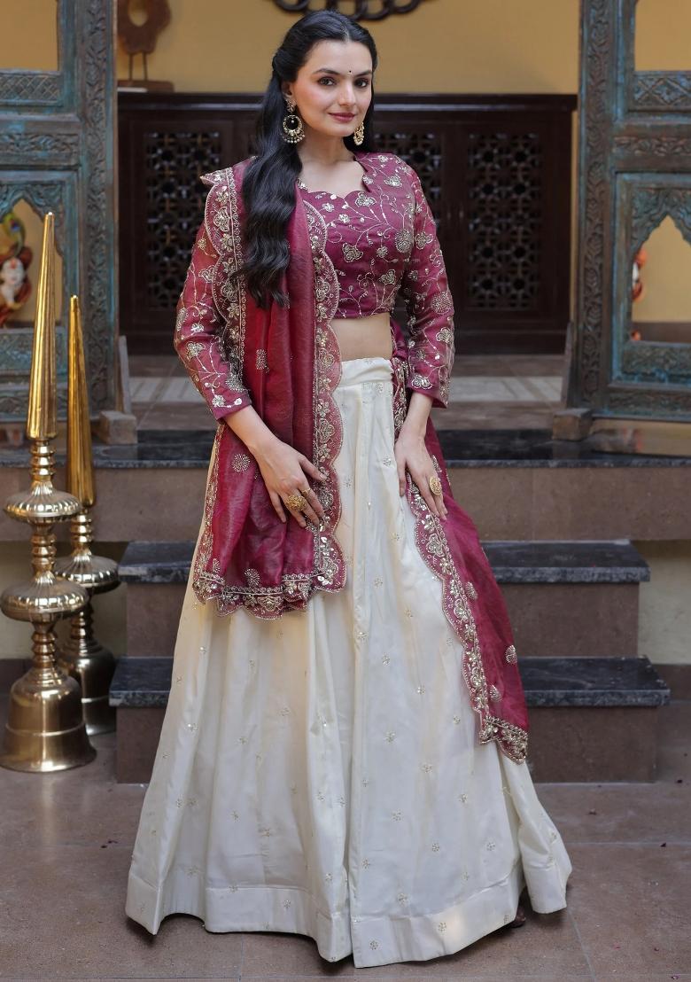 Maroon Zari Work Silk Lehenga Set - Indya
