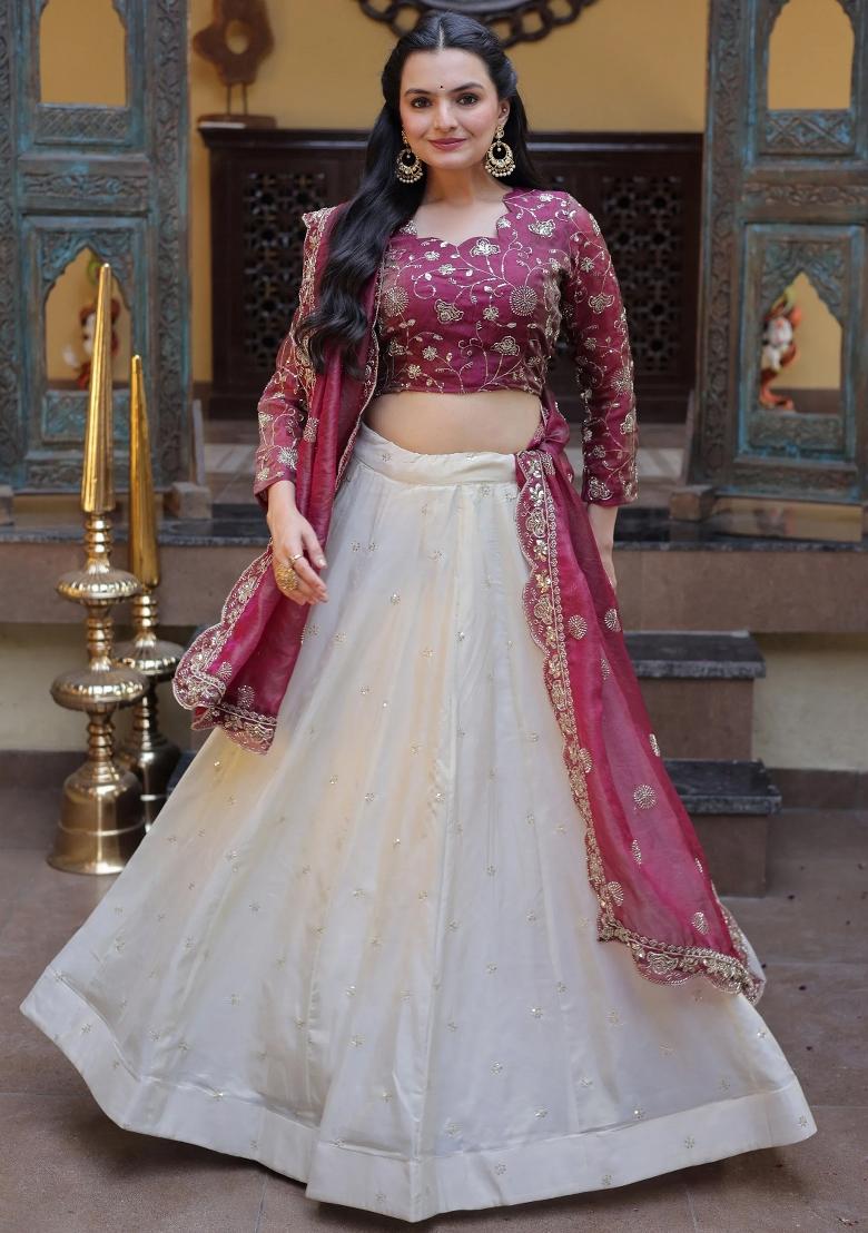 Maroon Zari Work Silk Lehenga Set - Indya