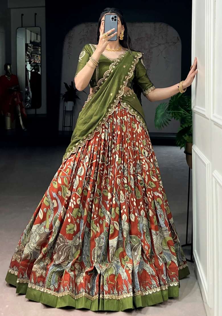 Orange Printed Silk Lehenga Set - Indya