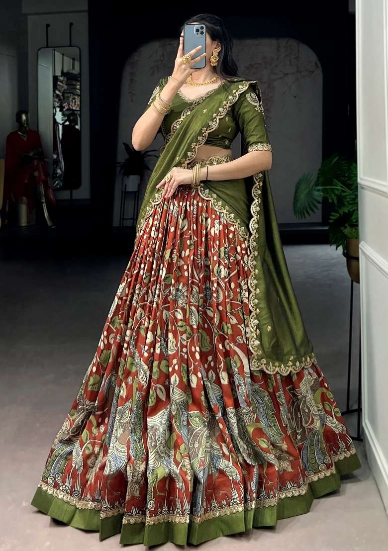 Orange Printed Silk Lehenga Set - Indya