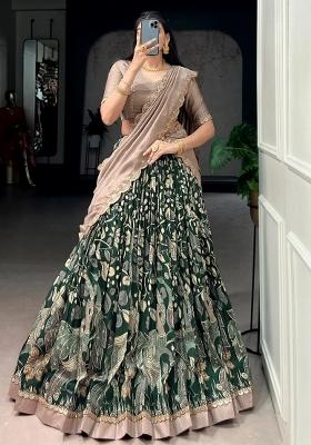 Green Printed Silk Lehenga Set