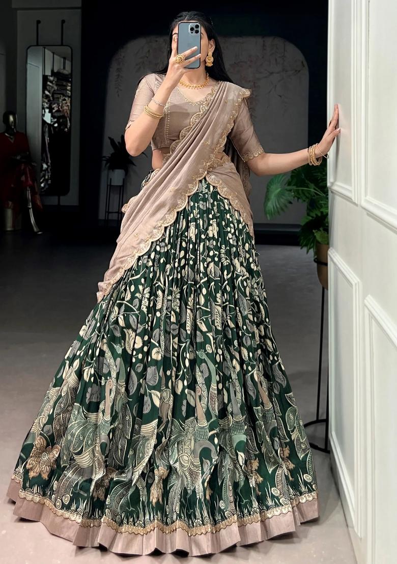 Green Printed Silk Lehenga Set - Indya