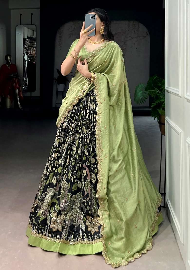 Black Printed Silk Lehenga Set - Indya