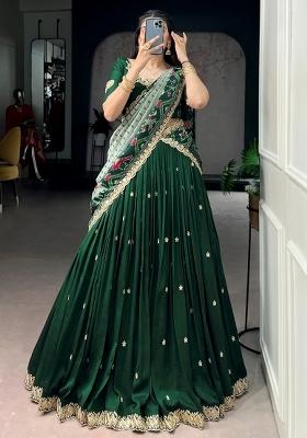 Green Printed Silk Lehenga Set