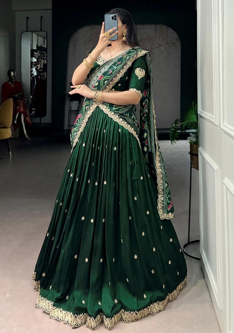 Green Printed Silk Lehenga Set - Indya