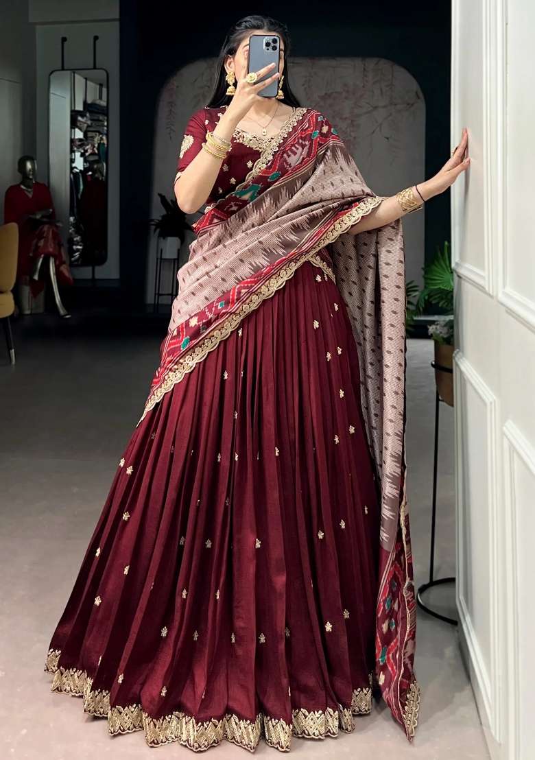 Maroon Printed Silk Lehenga Set - Indya