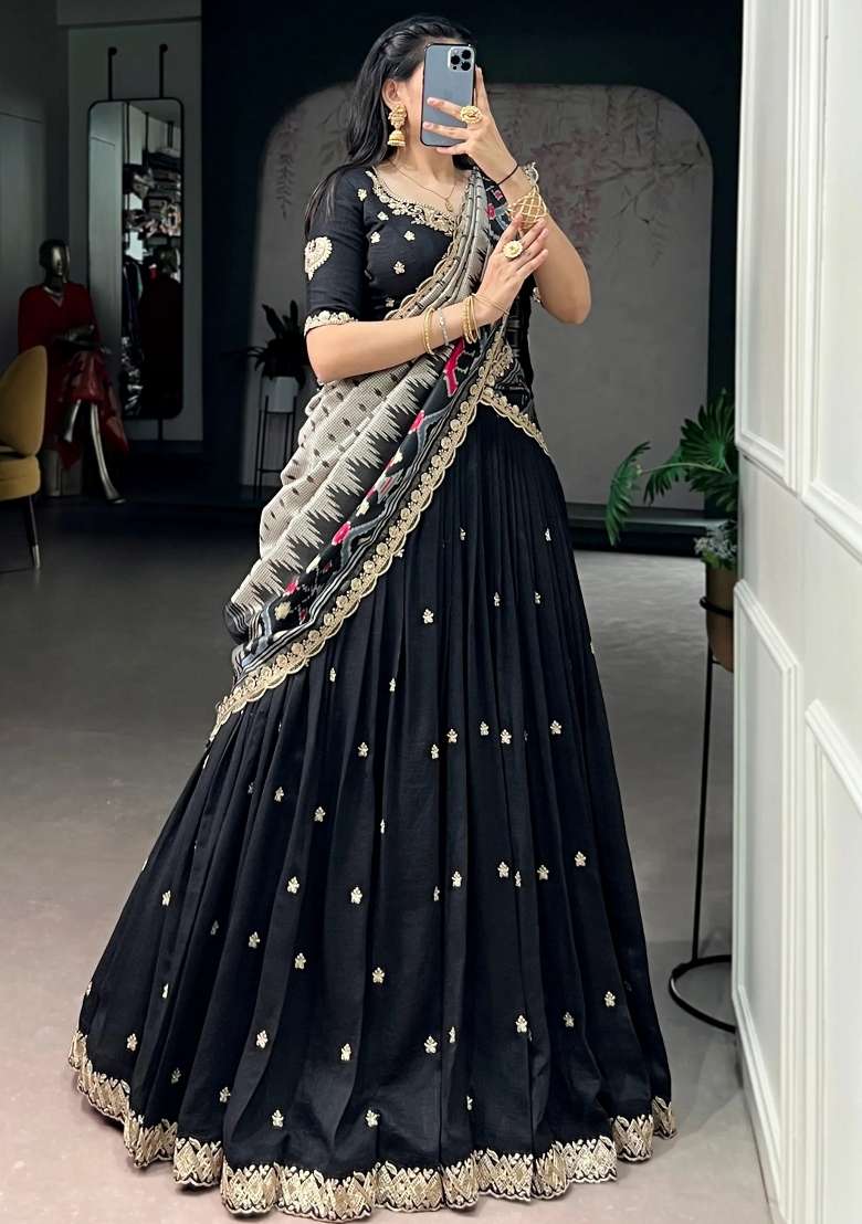 Black Printed Silk Lehenga Set for Diwali and Festive Wear - Indya