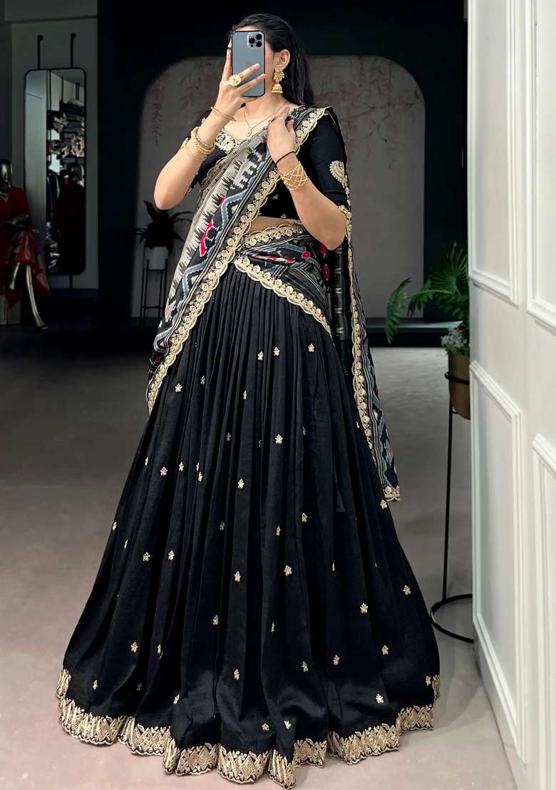 Black Printed Silk Lehenga Set for Diwali and Festive Wear - Indya