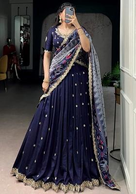 Navy Blue Printed Silk Lehenga Set