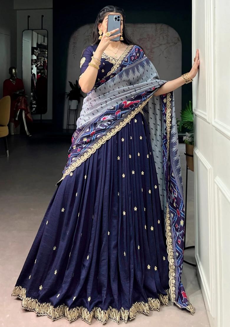 Navy Blue Printed Silk Lehenga Set - Indya