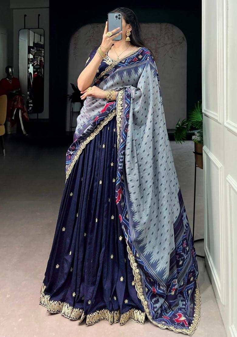 Navy Blue Printed Silk Lehenga Set - Indya