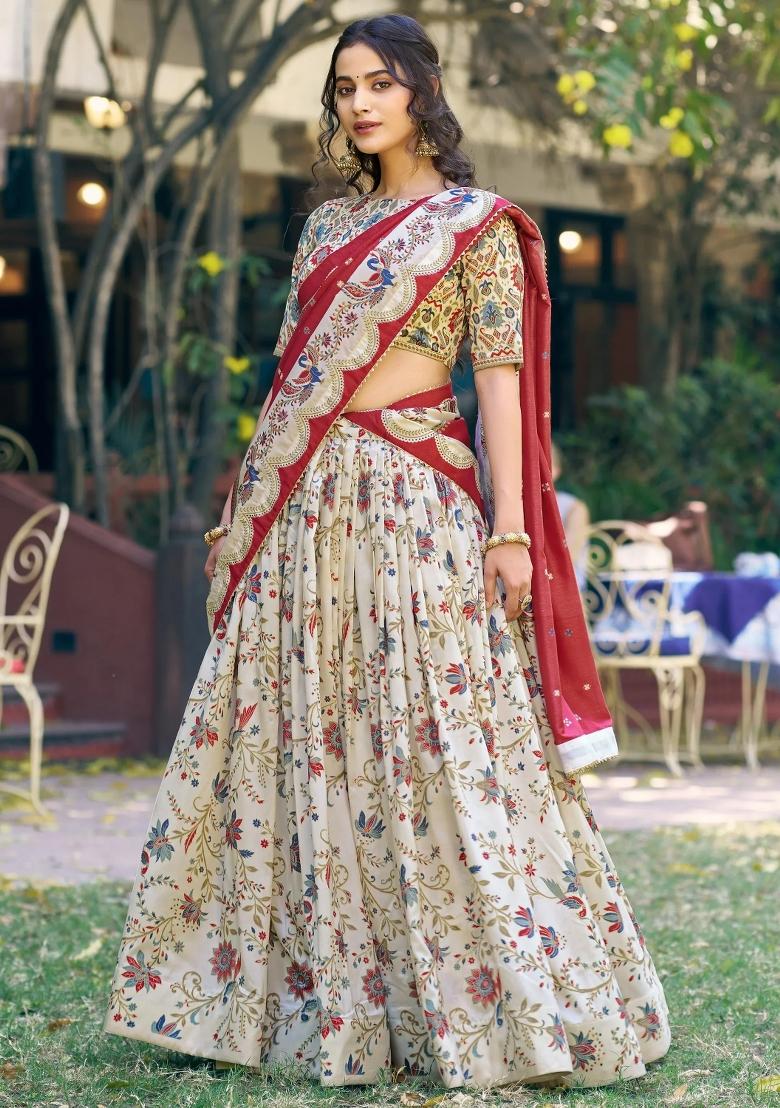 Off White Gota Patti Silk Lehenga Set - Indya