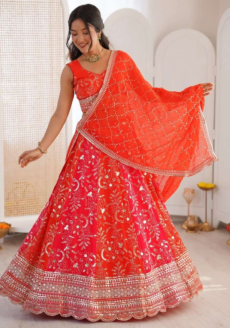 Orange Georgette Lehenga Set with Embroidered for Diwali | Wedding & Festive Wear - Indya