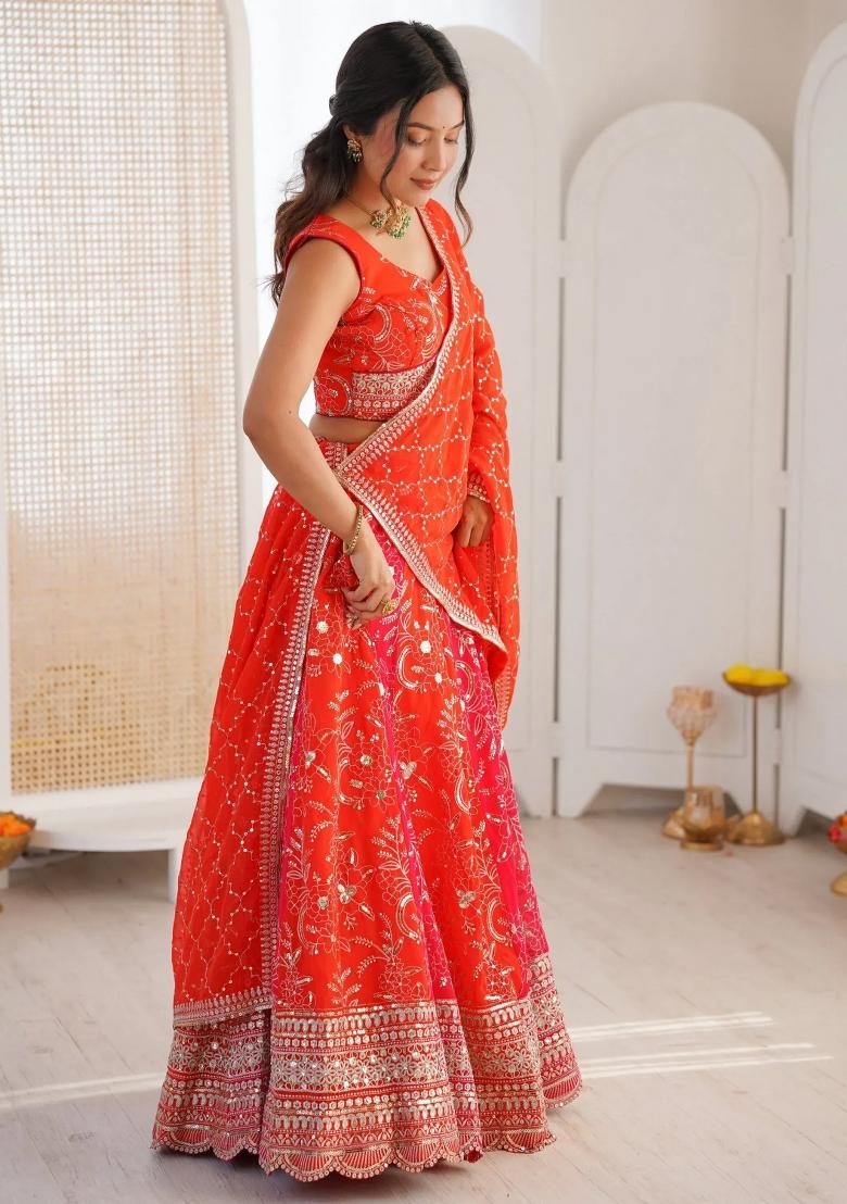 Orange Embroidered Georgette Lehenga Set - Indya