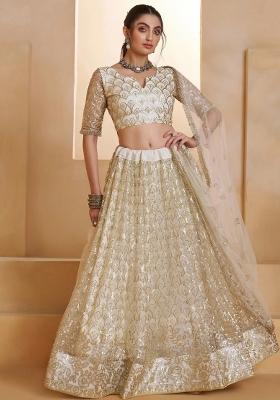 Off White Embroidered Net Lehenga Set