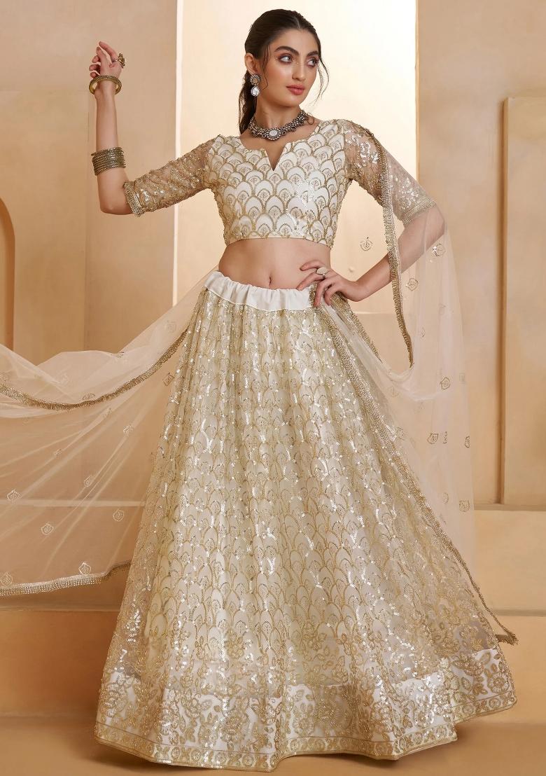 Off White Embroidered Net Lehenga Set - Indya