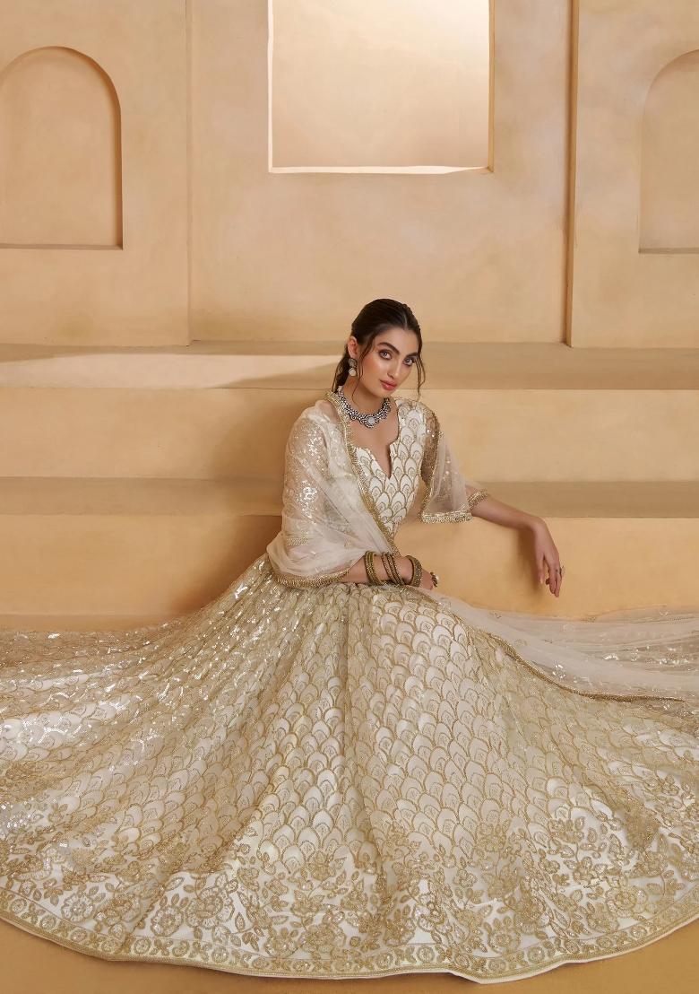 Off White Embroidered Net Lehenga Set - Indya