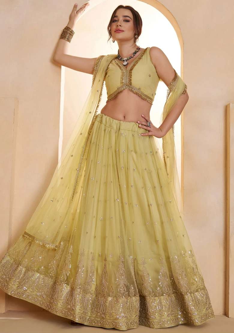 Yellow Embroidered Net Lehenga Set for Diwali and Festive Wear - Indya