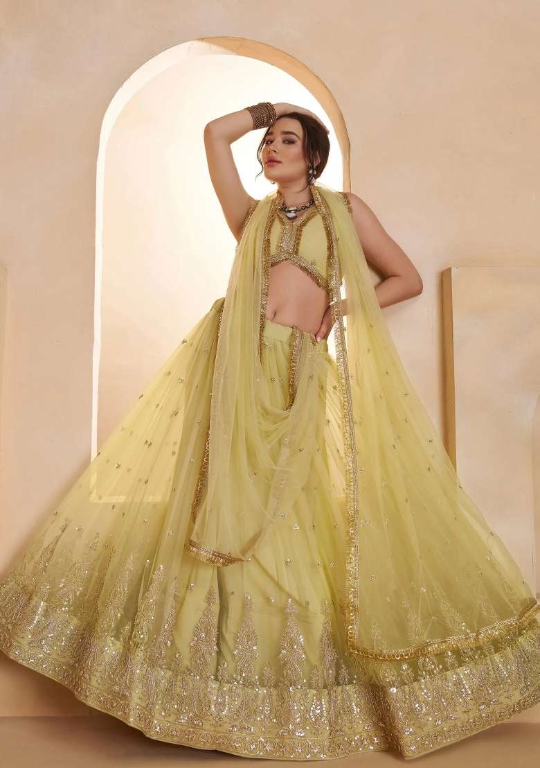 Yellow Embroidered Net Lehenga Set for Diwali and Festive Wear - Indya
