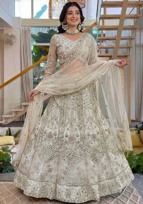 White Sequin Work Net Lehenga Set