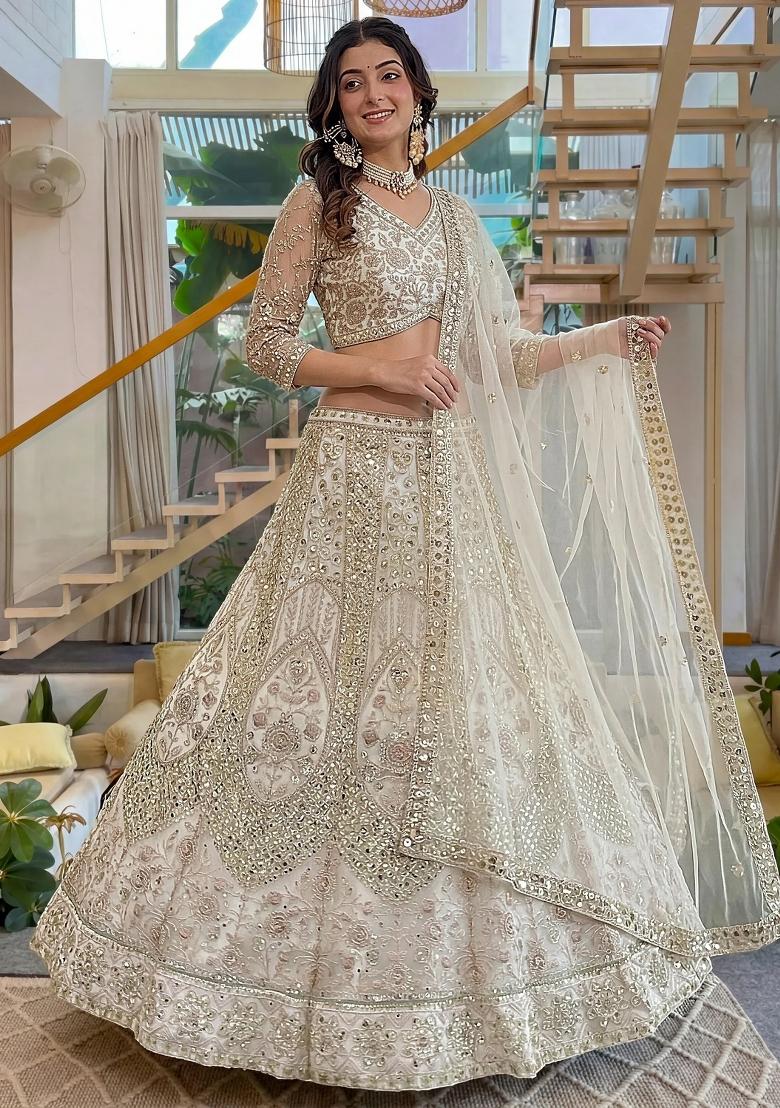 White Sequin Work Net Lehenga Set - Indya