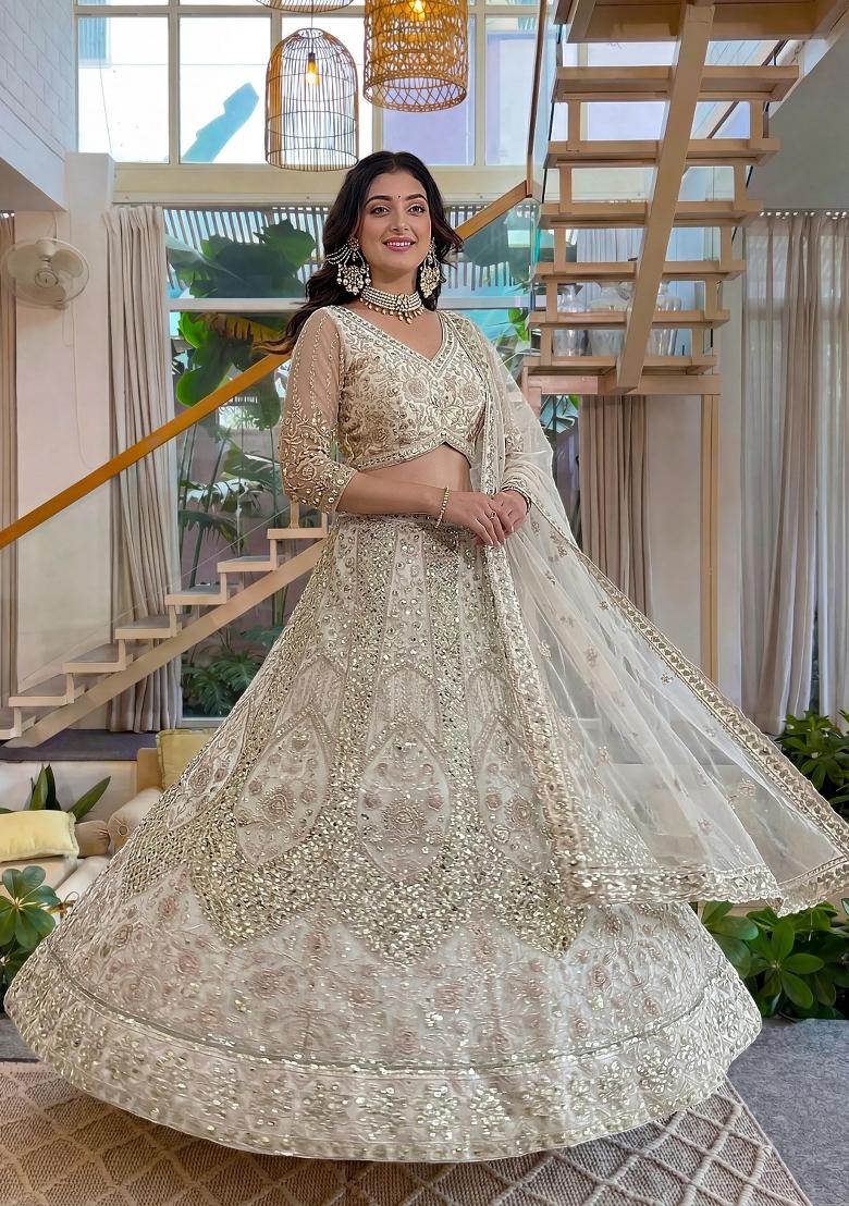 White Sequin Work Net Lehenga Set - Indya