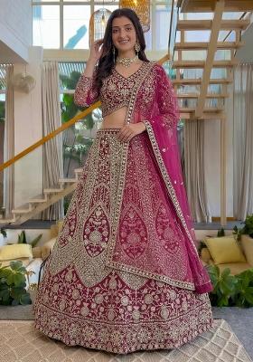 Pink Sequin Work Net Lehenga Set