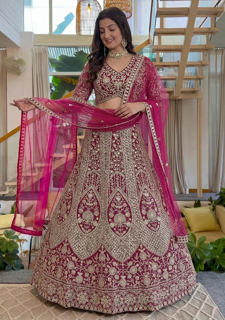 Pink Sequin Work Net Lehenga Set - Indya